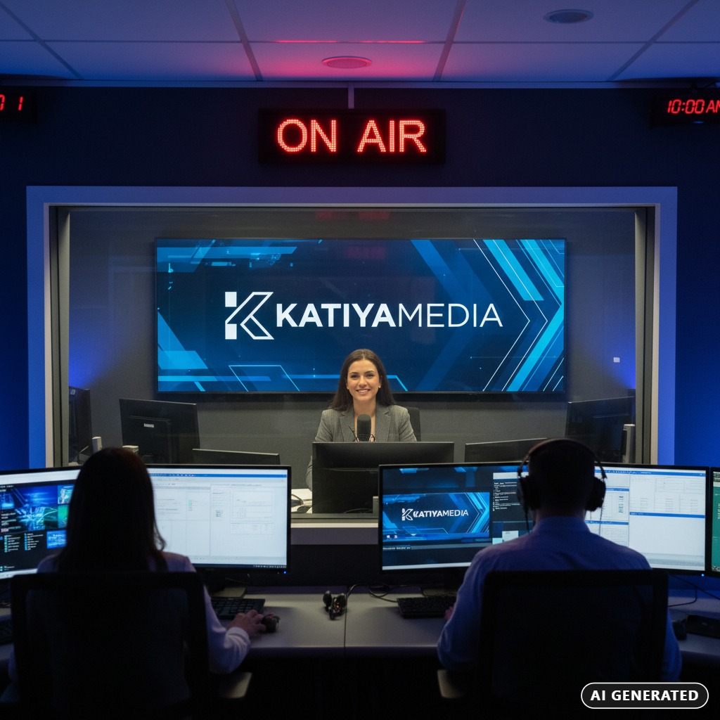 AI Generated: A smiling woman sits in a broadcast booth behind a large screen displaying the Katiya Media logo while two technicians work at computer stations in the foreground.